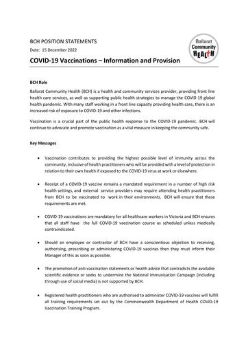 BCH COVID19 Vaccinations Position Statement December 2022
