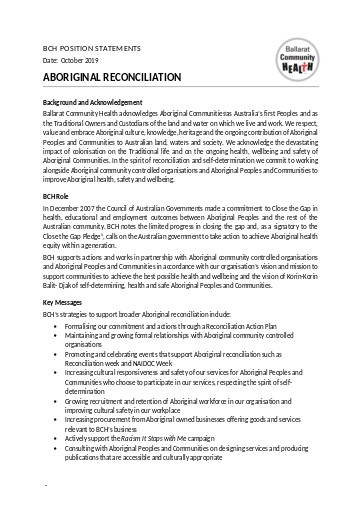 Aboriginal Reconciliation Position Statement October 2019