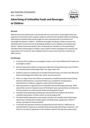 Advertising of Unhealthy Foods Beverages to Children September 2018