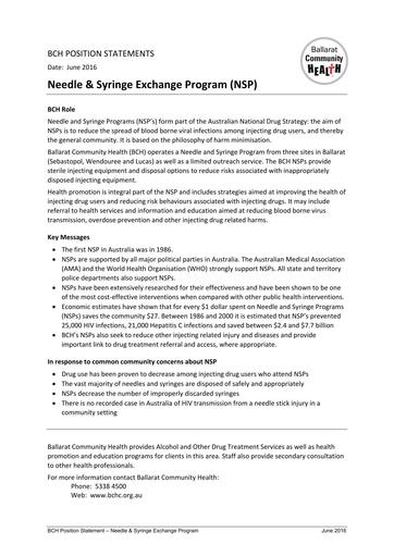 Needle Syringe Exchange Program June 2016