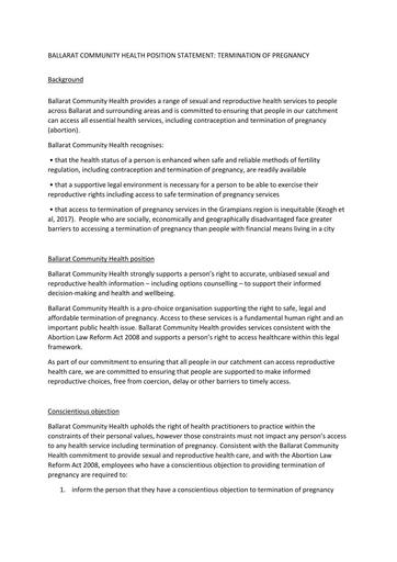 BCH Position Statement Abortion