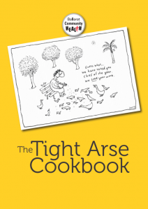 Cover art from the Tight Arse Cookbook - yellow backdrop with man feeding ducks in a park (illustrated by Michael Leunig)