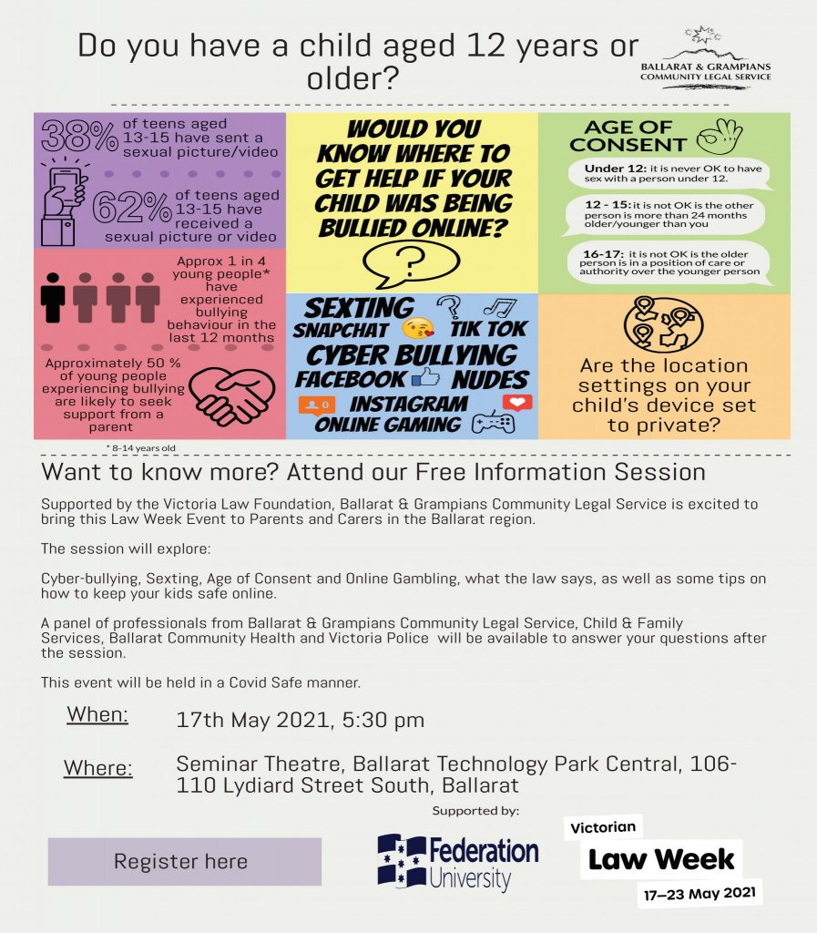 Cyber-bullying, Sexting, Age of Consent & Online Gambling Information  Session - Ballarat Community Health