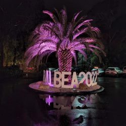 A palm tree back lit with purple lights and sign saying #BallBEA2022