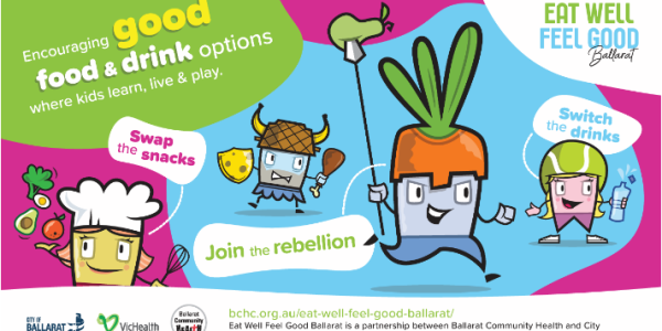 Eat Well Feel Good promotional material featuring cartoon characters fighting against bad food choices